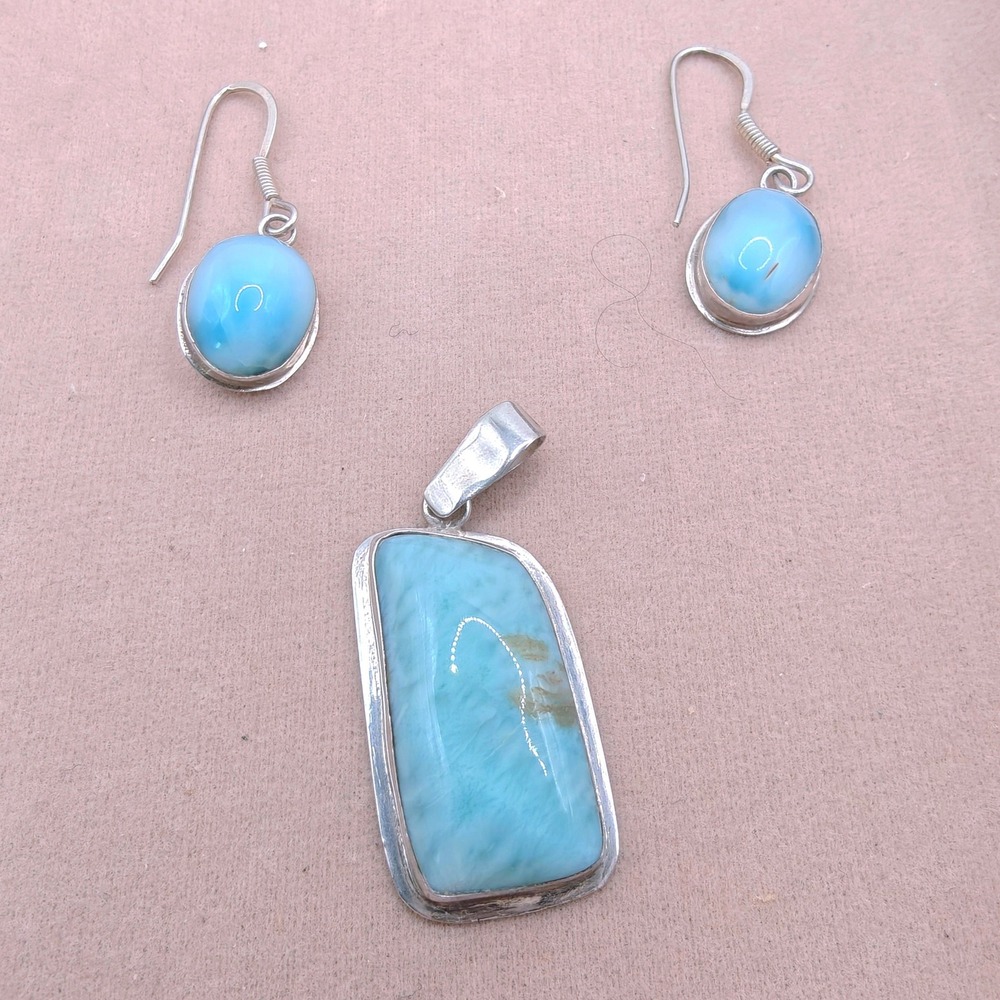 Artisan Larimar 925 Sterling Silver Pendant and Earrings Set Caribbean Blue